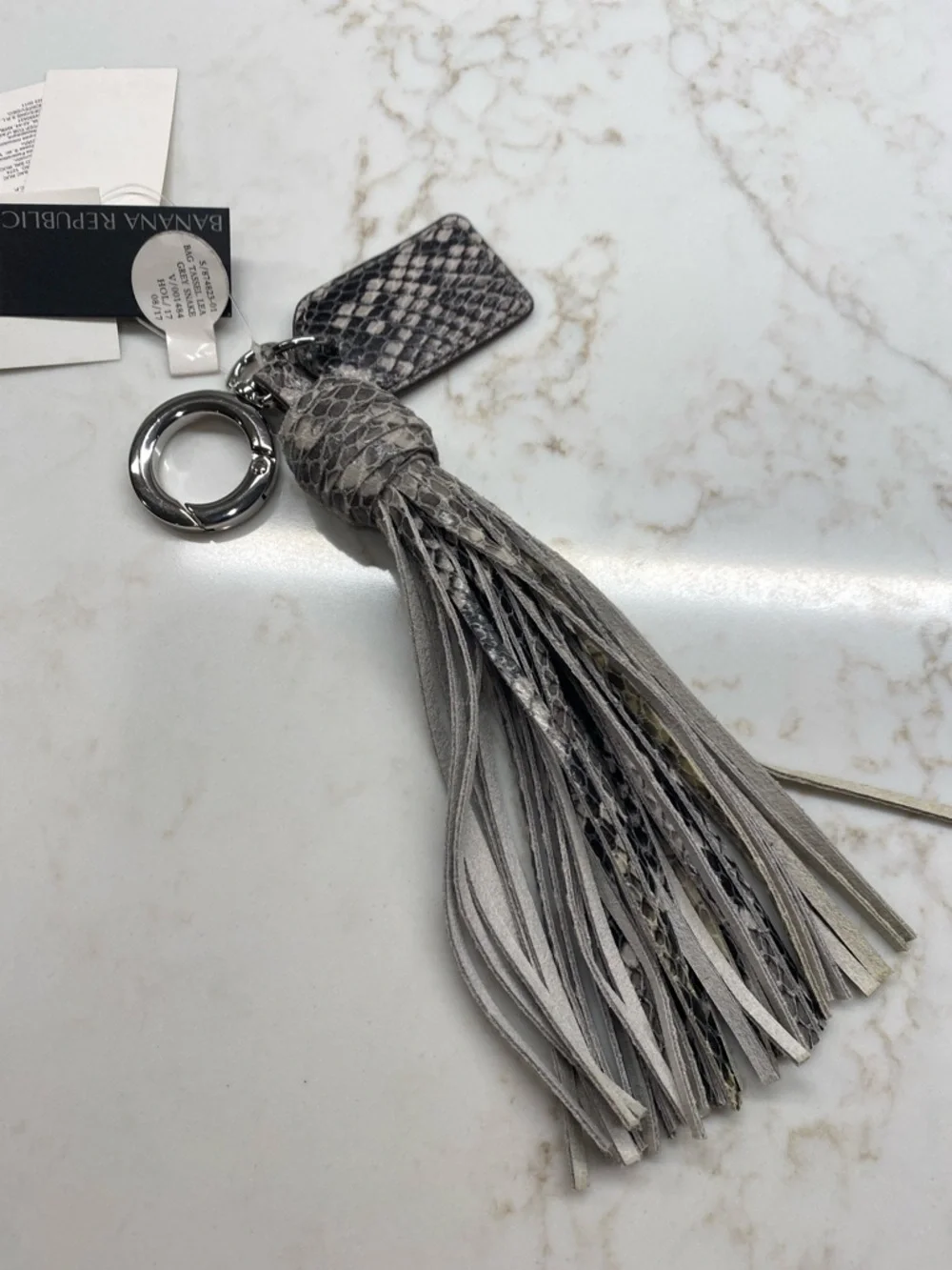 Banana Republic Leather Bag Tassel Key Chain Snake-Embossed Tag Gray Reptile